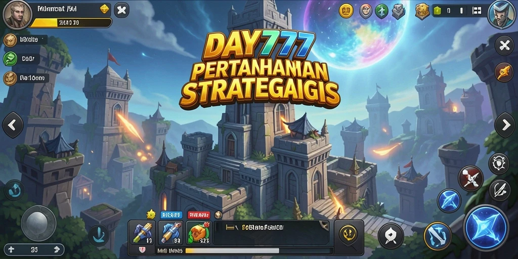 Tangkapan layar utama DAY777 menampilkan aksi pertahanan menara yang menegangkan.