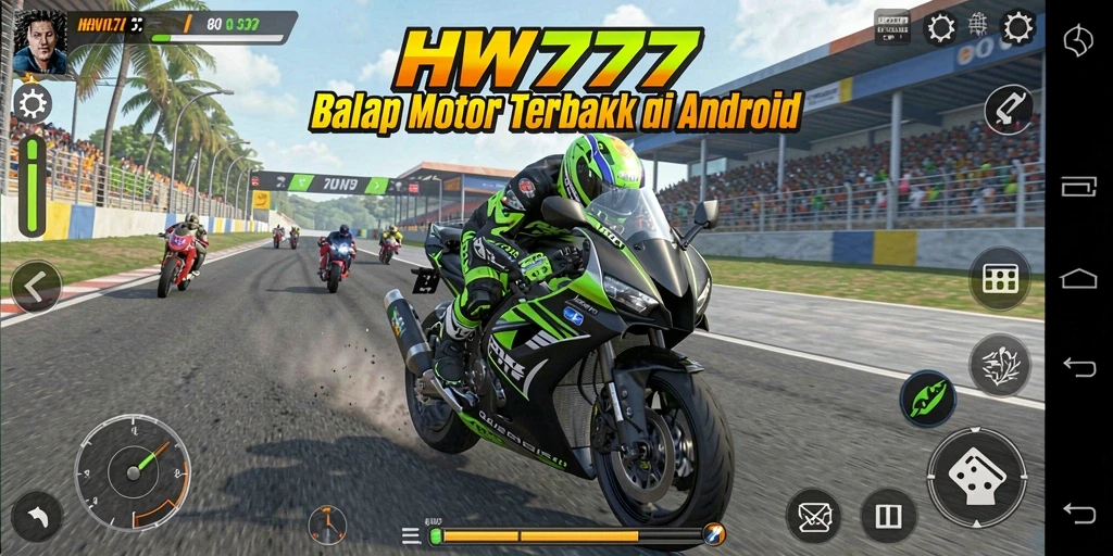 Tampilan utama gameplay balap motor HW777 yang mendebarkan.