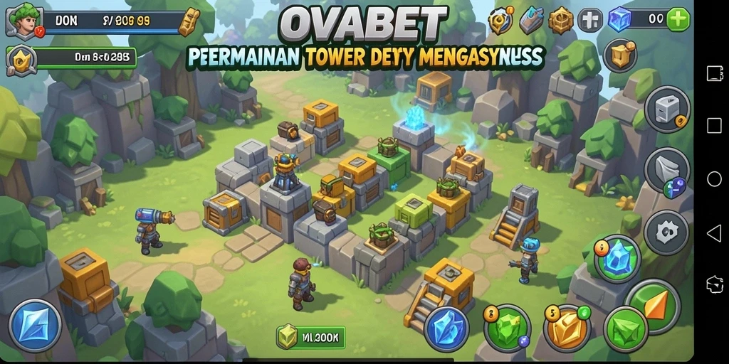 Screenshot dari gameplay OVABET yang menampilkan aksi menara pertahanan.