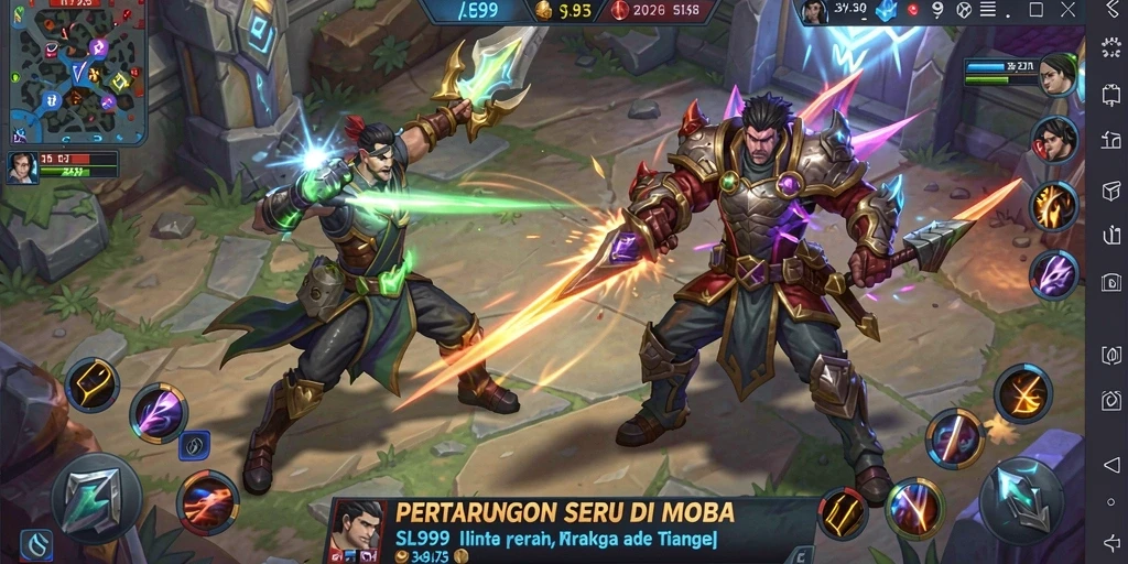 Gameplay seru SL999 dengan karakter MOBA yang beragam.