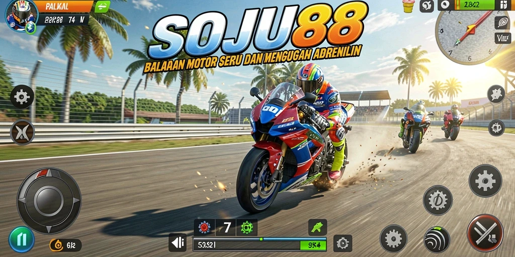 Gameplay <strong>SOJU88</strong> menampilkan aksi balapan motor yang mendebarkan.